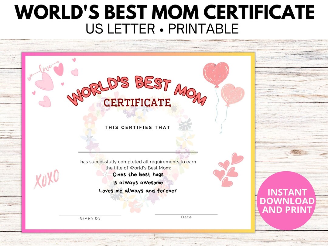 Worlds Best Mom Certificate I Printable Mother's Day Gift - Etsy