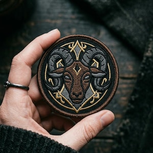 Aries Zodiac Embroidered Patch, Ram Head Patch, Astrology Embroidery, Geometric Dark Iron On Patch Gift