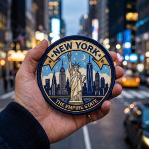 May include: A round, embroidered patch with a New York City theme. The patch features the Statue of Liberty, the Empire State Building, and other city landmarks. The text "NEW YORK" and "THE EMPIRE STATE" are also included in the design. The patch is blue, gold, and white.