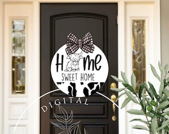 For Circle Silhouette Home Sweet Home Highland Cow Door Hanger SVG Digital File