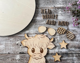 DIY Highland Cow Kit: 4th of July Decor - Red White and Moo