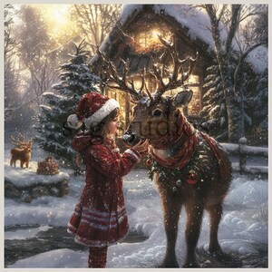 Das Mädchen und die Rentiere png, niedlich, Wand, Kunst Druck, Sofortiger digitaler Download, Poster, Postkarte, Printable Weihnachten Wohnkultur, Winter, Schnee