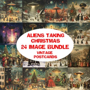 Könnte beinhalten: Eine Collage aus 24 Vintage-Postkarten mit Weihnachtsszenen mit Außerirdischen. Die Postkarten zeigen verschiedene Szenen, darunter Außerirdische, die in Raumschiffen fliegen, Außerirdische, die mit Menschen interagieren, und Außerirdische, die Weihnachtsbäume schmücken. Der Text auf der Collage lautet "Aliens Taking Christmas 24 Image Bundle Vintage Postcards".