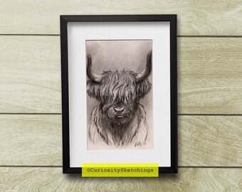 Highland Cow Charcoal sketch, charcoal drawing, traditional art printable