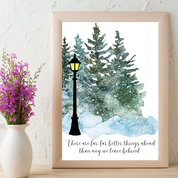 Narnia lampost, CS Lewis quote, Christian wall decor, Printable artwork, 'There are far, far better things ahead than any we leave behind'