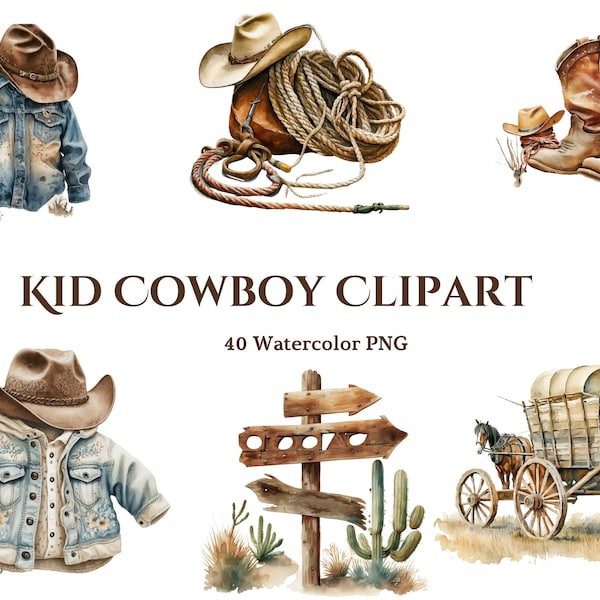 Watercolor Cowboy Baby Clipart, Cowboy PNG, Littlest Cowboy - Baby shower clipart, baby boy clipart, Instant download, commercial license