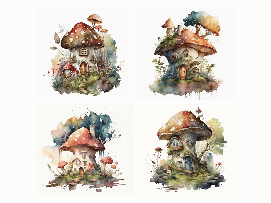 Watercolor Mushroom House PNG | Fairy House Clipart | Mushroom Cottage ...