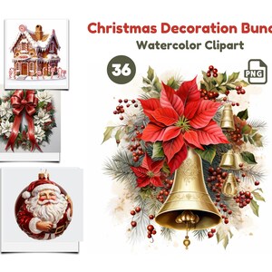 Christmas Decoration Clipart Bundle - Watercolor Christmas Ornaments Clipart, Christmas Clipart, Christmas Junk Journal Kit, Scrapbook PNG