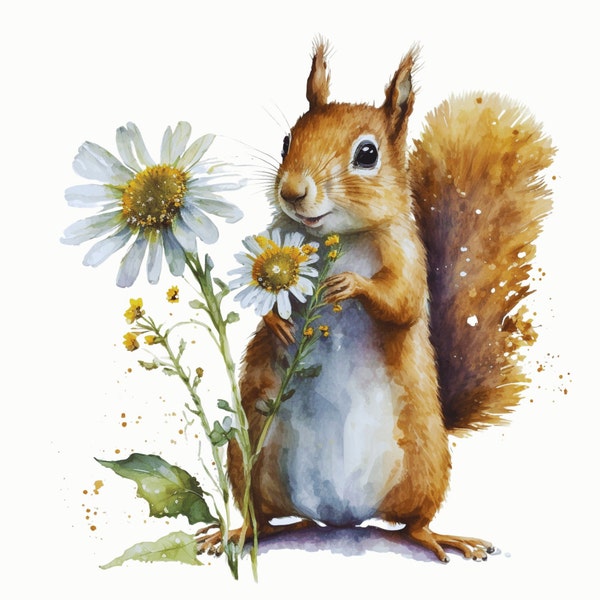 Happy Squirrel with A Flower Clipart - 12 JPG di alta qualità - Digital Planner, Junk Journals, Acquerello - Uso commerciale - Download digitale