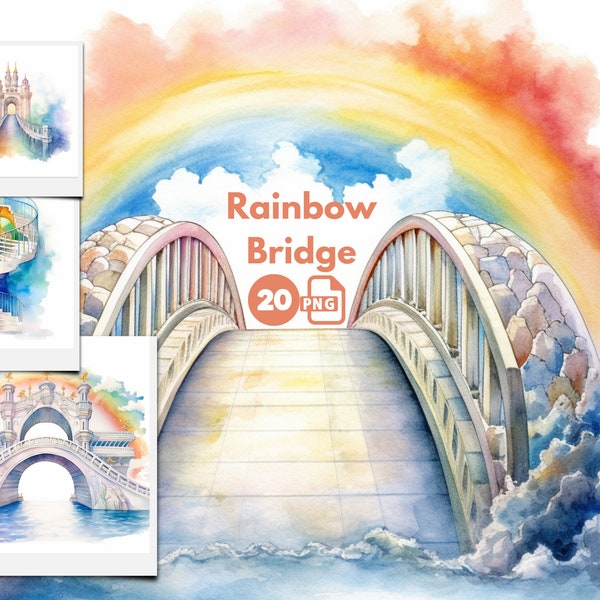 Pastell Aquarell Regenbogen Brücken Clipart, Haustier-Denkmal, bewölkter Himmel digitale Grafiken für den kommerziellen Gebrauch, sofortiger Download, kommerzielle Nutzung