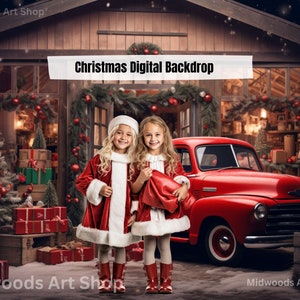 Red Christmas Truck Digital Photography Backdrop, Photoshop Template, Christmas Backdrop For Photographers, Photo Prop Digital Background