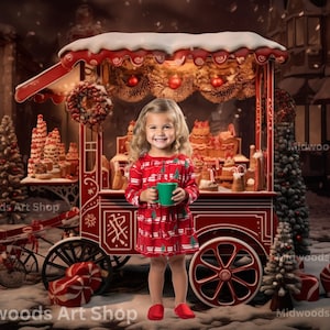 Telón de fondo digital de pan de jengibre, fondo digital de Navidad, carrito de tienda de dulces de Navidad, superposición de fotografía para niños pequeños, niños, mascotas, JPG