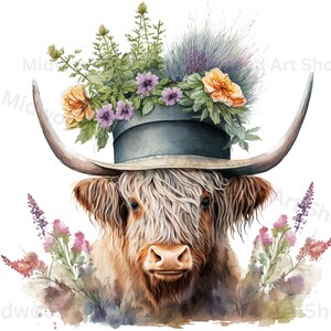 Highland longhaired Cow PNG, cute cow sublimation, metal tub PNG graphic, Floral hat clipart, Highland calf PNG digital download, Cow Art