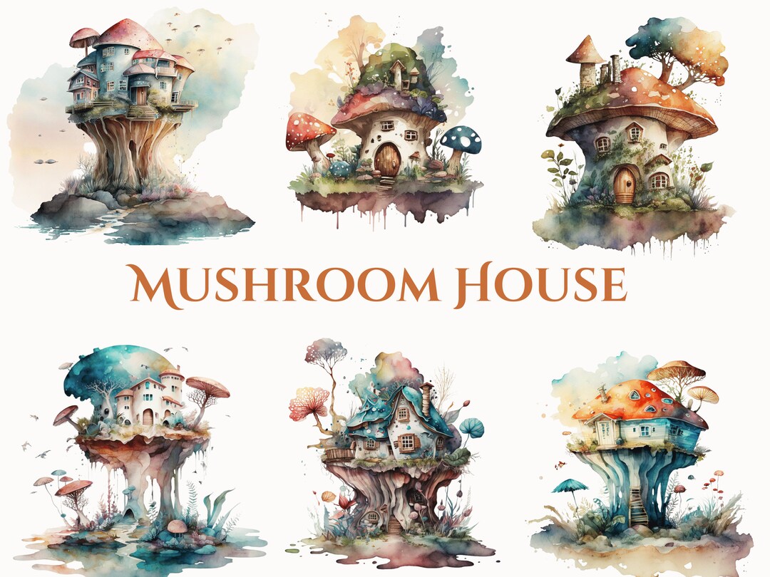 Watercolor Mushroom House PNG | Fairy House Clipart | Mushroom Cottage ...
