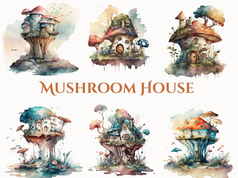 Watercolor Mushroom House PNG | Fairy House Clipart | Mushroom Cottage ...