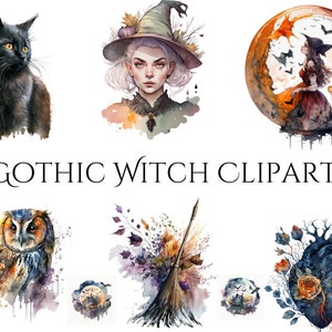 20 PNG Watercolor Gothic Witch Clipart, Gothic Witchcraft Clip art, Witch Clip art png, magic clip art, mystical clip art, Commercial use