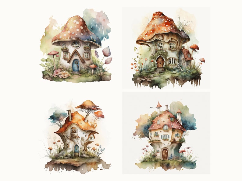 Watercolor Mushroom House PNG | Fairy House Clipart | Mushroom Cottage ...
