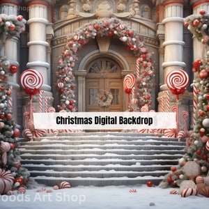 Weihnachten Digitaler Hintergrund Fotografie, verzauberte süße Candycane Road Hintergrund, Fantasy Weihnachten Overlay Vorlage für Kinder Porträts JPG