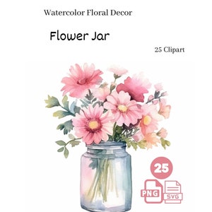 18 個の PNG と SVG のセット、瓶に入った花のクリップアート、花の PNG、花束の PNG、ミックス メディア、デジタル ペーパー クラフト、壁の装飾、デジタル PNG
