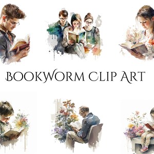 17 PNG Watercolor Bookworm Clipart, Booklover Clip Art Bundle, Vintage Floral Books png set, reading clipart, library clipart, old book, art