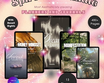May include: A digital product bundle of 13 planners and journals with a spiritual theme. The covers feature images of nature, clouds, and abstract designs. The text on the covers includes "Money Mindset", "Spiritual Awakening", "Dream Journal", "Manifestation", and "Abundance Mindset". The bundle includes over 400 pages and comes with resell rights.
