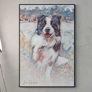 Wall Art BLUE Print Border Collie portrait Canvas poster Border Collie portrait  print art herding dog Living Room paint entry hall lobby