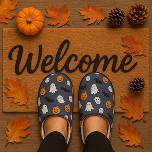 Halloween Indoor Slippers, Women's House Shoes, Pumpkins, Ghosts and Bats, Gift for her