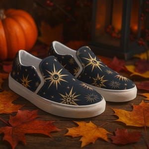 Celestial Canvas Slip-On Sneakers: Galaxy Sun & Moon Design