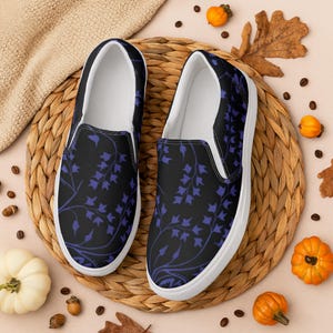 Floral Canvas Slip-On Sneakers for Women: Classic Deck Shoes with Colorful Purple Patterns