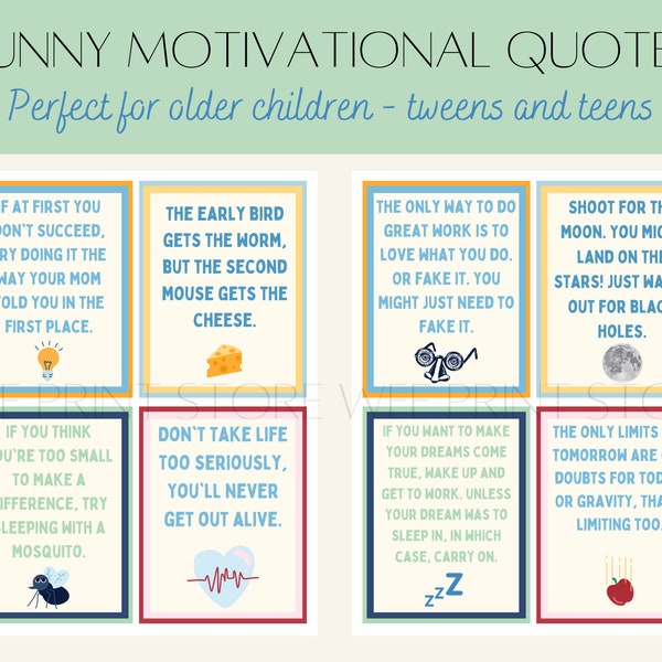 Funny Motivational Notecards for Tweens and Teens, Printable Cards, Positive Affirmation Cards, Inspirational Quotes for Boys and Girls