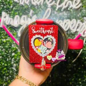 Candy heartsValentine shaker box Removable Name Plate for Stanley H2.0 Quencher FS tumbler 20,30 & 40 oz - lid/straw topper read description