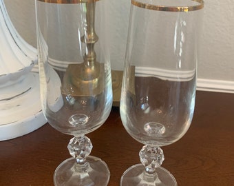 Vintage Champagne Glasses • Gold Trim Flutes • Claudia • Fine Crystal...