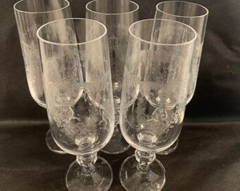 Vintage Checoslovaquia Cascada Bohemia Grabado Cristal Champán Flautas 5pc Set