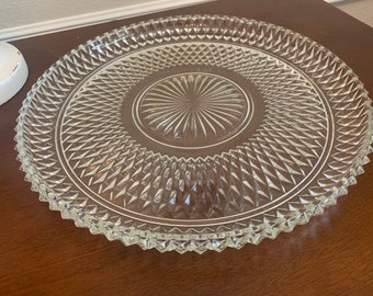 Vintage Clear Pressed Cut Glass 12" Round Platter Diamond Pattern