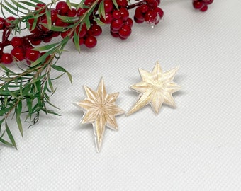 Golden White Star polymer clay large stud earrings