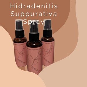May include: Three brown glass spray bottles with black spray tops and labels that say "Hidradenitis Suppurativa Spray" and "The Skin I'm In".