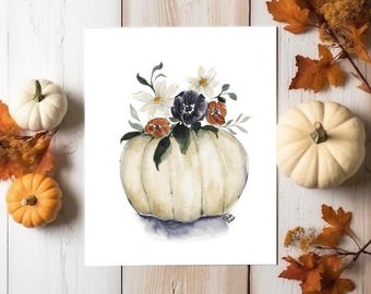 PUMPKIN FLOWERS Watercolor Print • Fall Minimalist Wall Decor • Autumn Art Home Decor • Watercolor Flowers