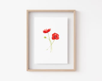 POPPY WILDFLOWER Impresión de acuarela • Decoración minimalista de la pared floral • Decoración del hogar de bellas artes • Flores de acuarela