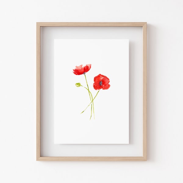 Impression aquarelle de fleurs sauvages coquelicots • Décoration murale florale minimaliste • Décoration d'intérieur beaux-arts • Fleurs aquarelles