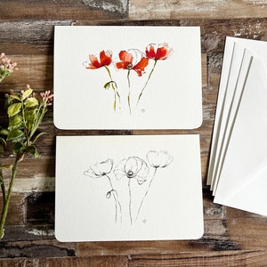 Jeu de cartes aquarelle coquelicot • cartes fleurs sauvages • cartes fleurs • cartes vierges • jeu de 4 cartes