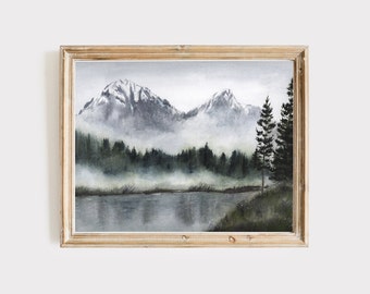 MISTY LAKE Watercolor Print • Moody Landscape • Misty Mountain • Foggy Pine Trees
