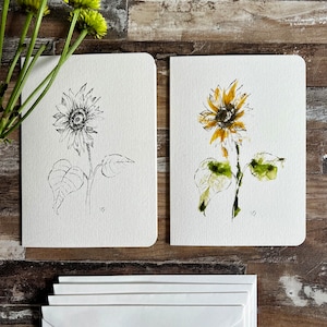 Jeu de cartes aquarelle tournesol • cartes fleurs sauvages • cartes fleurs • cartes vierges • jeu de 4 cartes