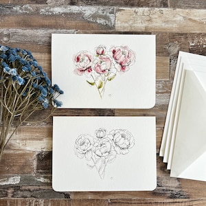 Set di biglietti con acquerello di peonia • biglietti primaverili • biglietti con note floreali • biglietti con note vuote • set di biglietti da 4