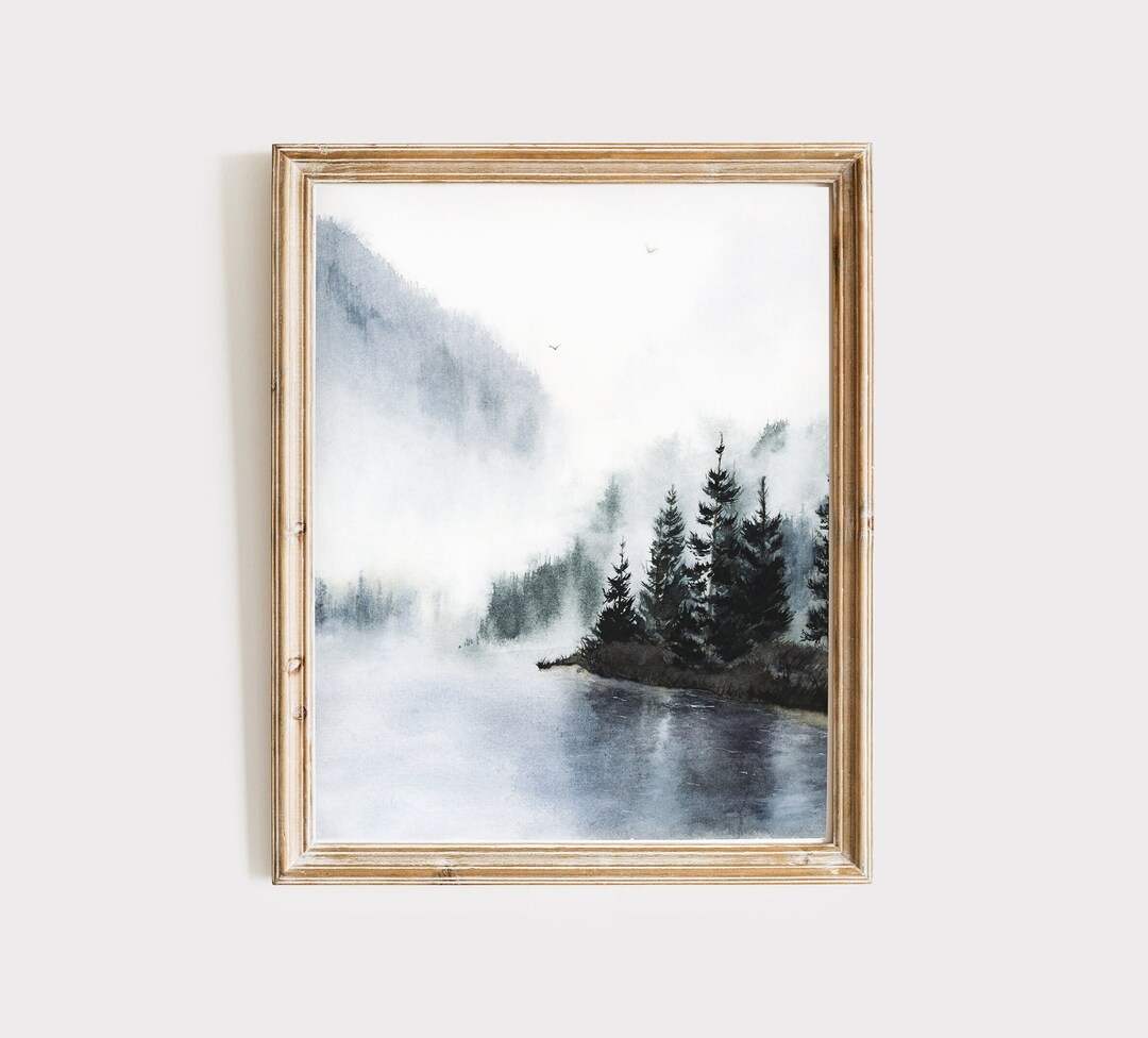 FOGGY FOREST Watercolor Print • Moody Landscape • Misty Mountain ...