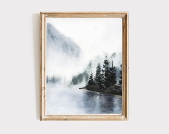 FOGGY FOREST Watercolor Print • Moody Landscape • Misty Mountain • Cloudy Pine Trees