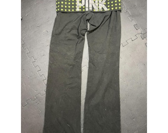 Victoria's Secret VS PINK Vintage Foldover Yoga Pants Flare Green Hearts sz SM