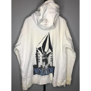 May include: White hooded sweatshirt with a black and white graphic of a building with the word "VOLCOM" printed in blue on the front.
