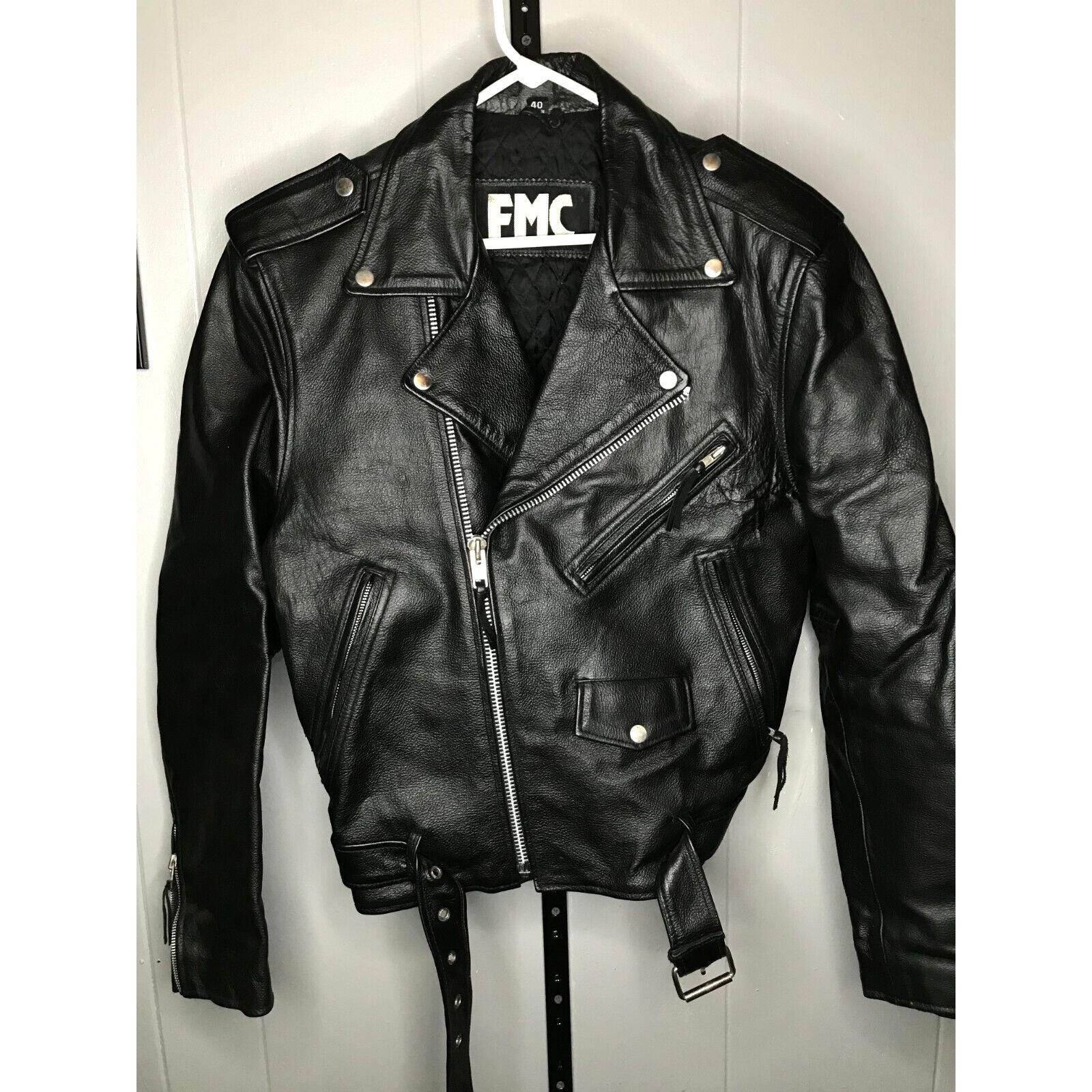 Vintage FMC Black Leather Motorcycle Biker Jacket Quilt