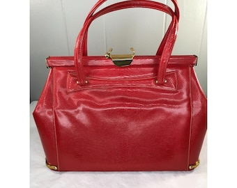 Vintage Milch-portemonnee rood slangenleerleren handtas met handvat aan bovenzijde medium
