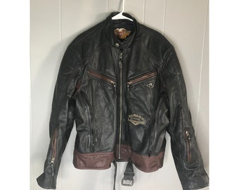 Vintage Harley Davidson cuero motocicleta desgastada biker chaqueta con cinturón XLarge